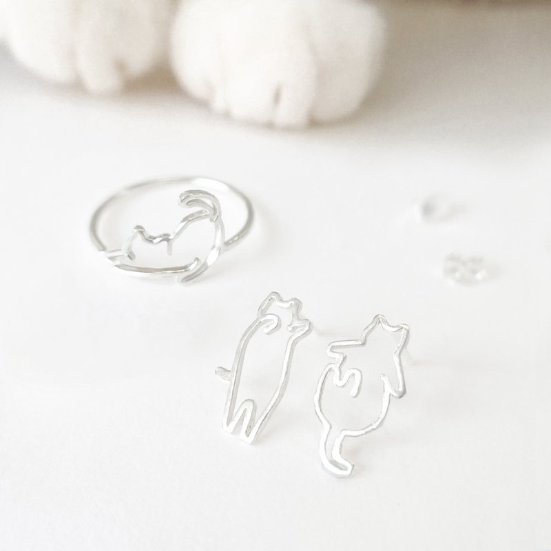 Cat 925 Sterling Silver Earrings and Ring Set - General Rings - Sterling Silver Silver