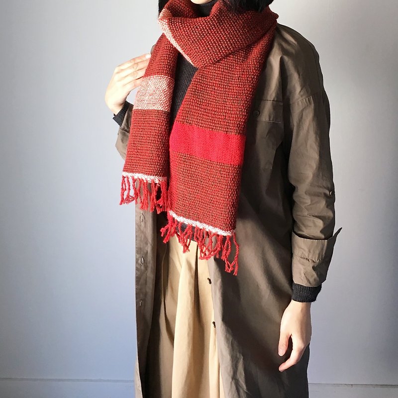 ユニセックス・手織りマフラー "Brown and Red Mix 2" - 男毛衣/針織衫 - 羊毛 紅色