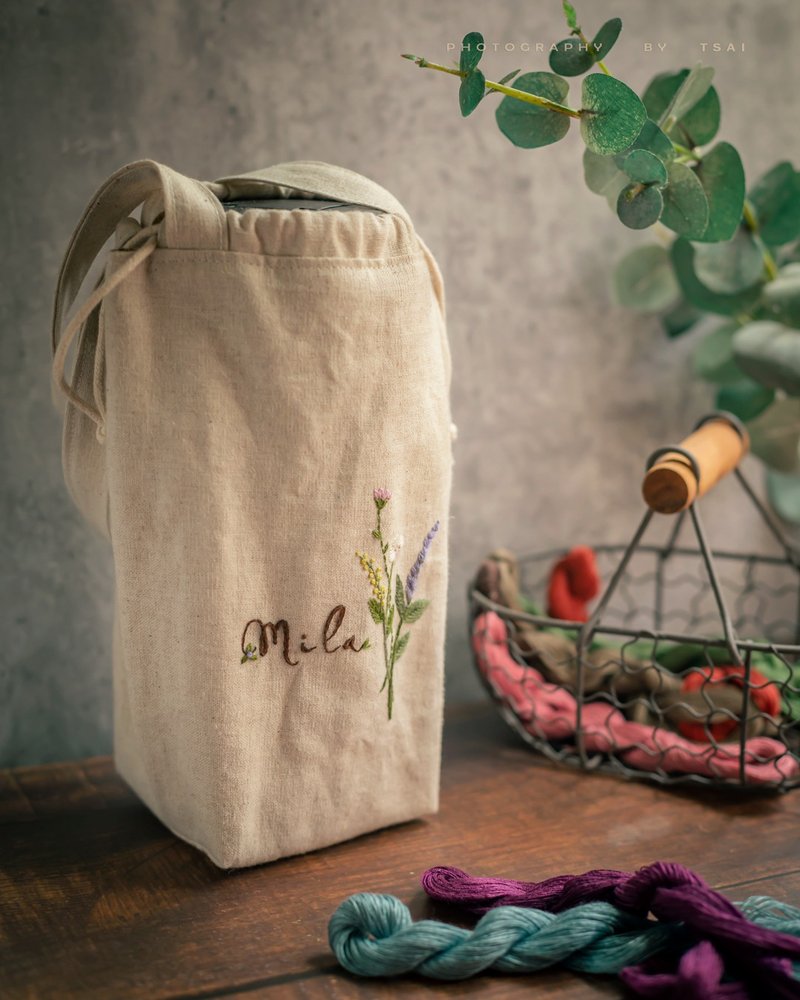 English Embroidered Flower Water Bottle Tote Bag-Customized Embroidered Handmade Tote Bag - Handbags & Totes - Cotton & Hemp Khaki