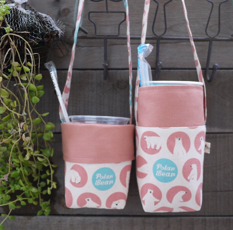 Beverage bag ~ one big cup one cup ~ two sides available polar bear (pink) - ถุงใส่กระติกนำ้ - ผ้าฝ้าย/ผ้าลินิน 