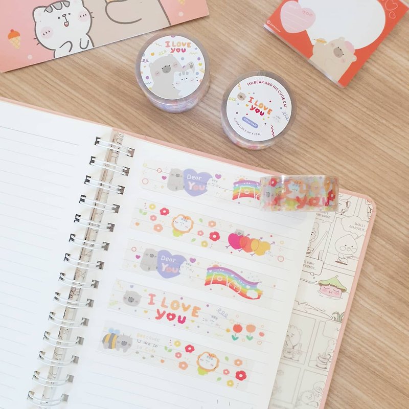 Mr. Bear and his cutie cat: Clear tape: I Love You - Washi Tape - Plastic Multicolor
