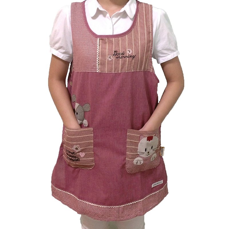[BEAR BOY] cute dog and cat double pocket apron - red (side buckle) - Aprons - Other Materials Multicolor