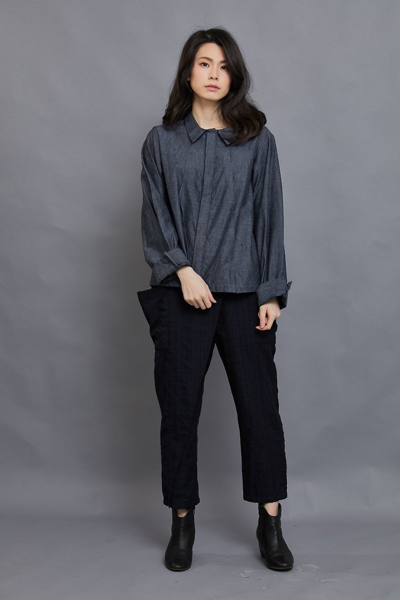Triangle pleats shirt- long sleeves-Sea-fair trade - Women's Shirts - Cotton & Hemp Blue