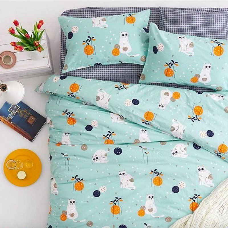 Hanada 喵 single double bed / bed bag hand-painted cat 40 cotton bedding pillowcase quilt cover - Bedding - Cotton & Hemp Green