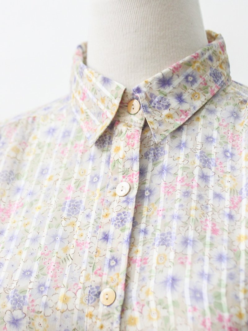 【RE1021T250】 autumn Japanese fresh retro floral striped ancient shirt - Women's Shirts - Polyester Purple