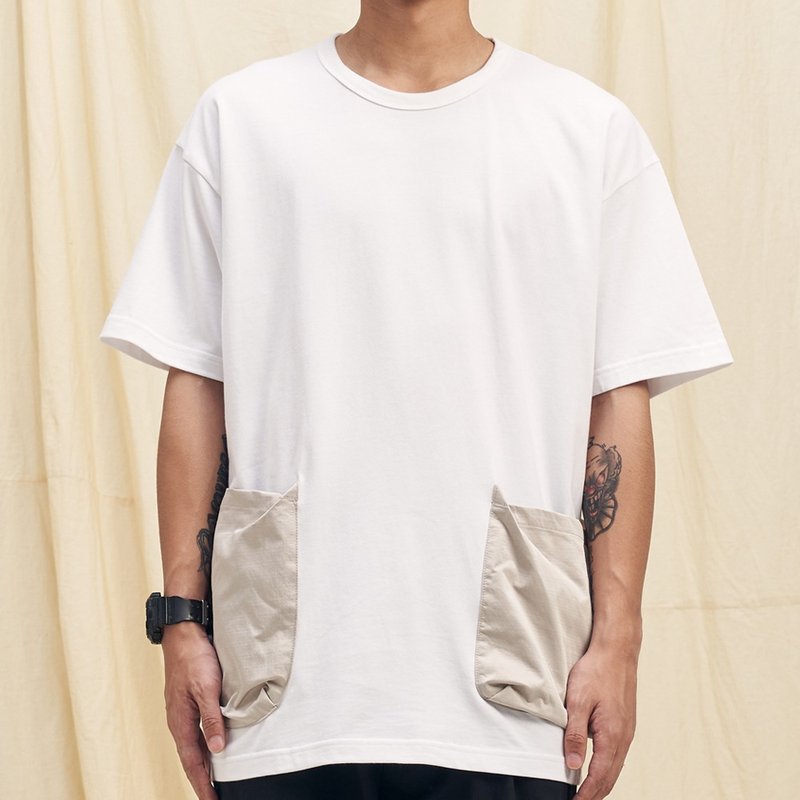夏日寬鬆拼貼口袋T恤 /中性/簡約款式/純棉材質/素T/情侶/禮物 - 男 T 恤 - 棉．麻 白色
