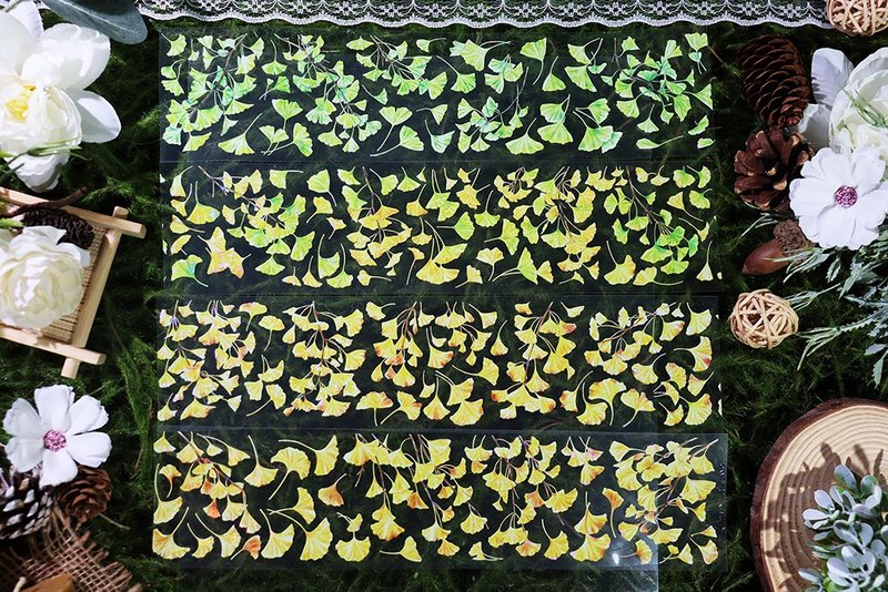 OKMT新七天古風造景流麻咕卡貼紙PET手帳手賬膠帶貝殼光 銀杏葉 - 紙膠帶/和紙/PET - 塑膠 多色