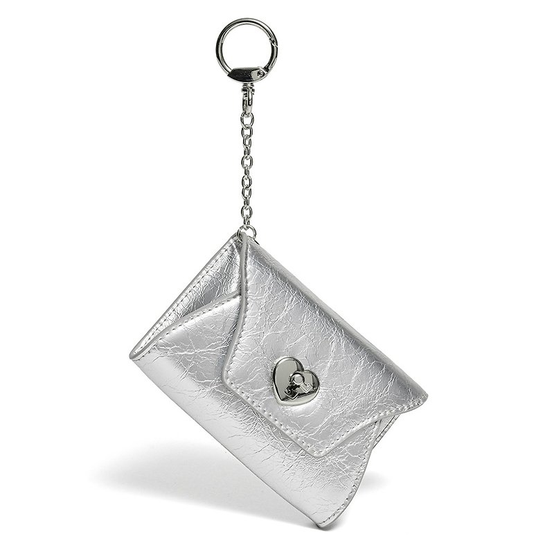 Heart Lock Keyring Multi Pouch Card Wallet Silver - กระเป๋าสตางค์ - หนังแท้ สีเงิน