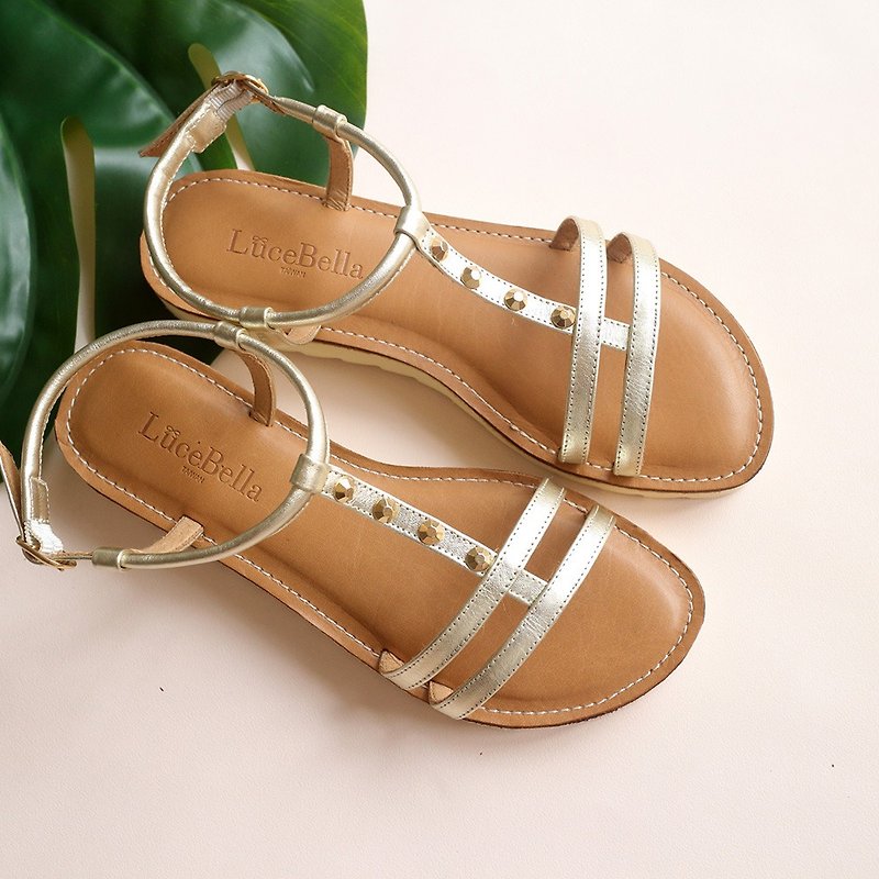 [City context] Double strap flat sandals-golden - Sandals - Genuine Leather Gold