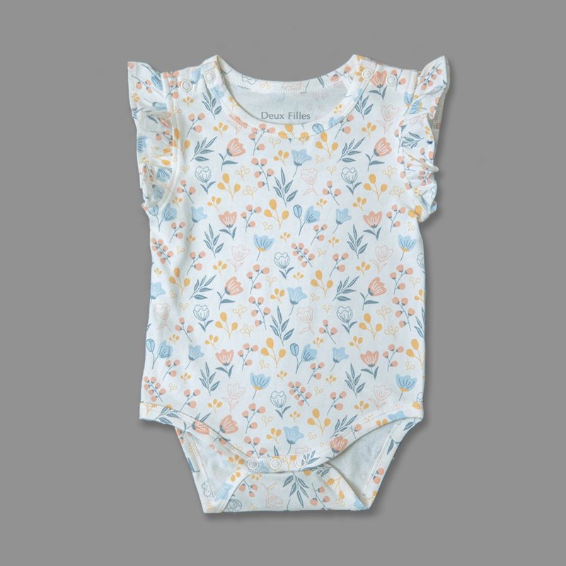 【Deux Filles Organic Cotton】Baby Short Sleeve Shoulder Open Button Onesies/ Newborn Romper - Flower - ชุดทั้งตัว - ผ้าฝ้าย/ผ้าลินิน 