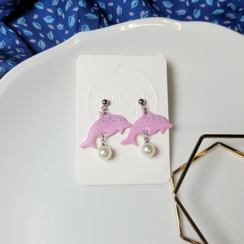 海洋世界 白海豚 手繪熱縮片 耳環 - 耳環/耳夾/耳骨夾 - 不鏽鋼 多色