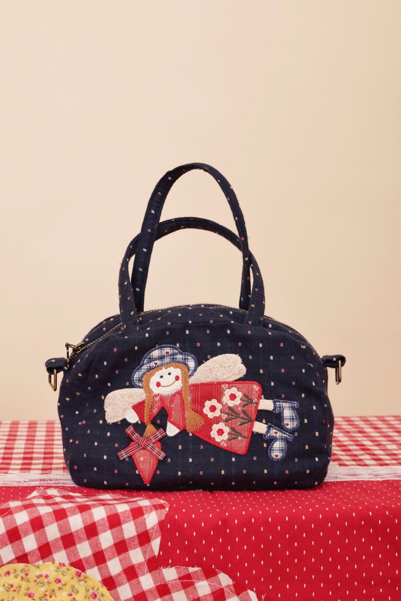 Vintage cute jacquard patchwork crossbody bag bear angel handbag - กระเป๋าถือ - วัสดุอื่นๆ สีน้ำเงิน