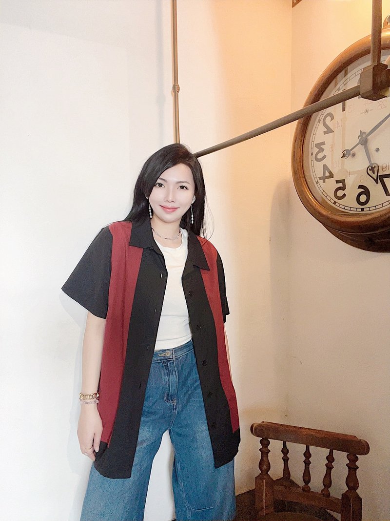 棗紅x黑直條拼接襯衫 保齡球衫bowling shirt ボウリングシャツ - 女襯衫 - 棉．麻 多色
