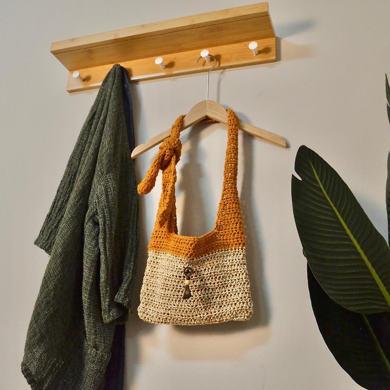 Woven bag I Side backpack I Cotton thread I Wheat ears - Messenger Bags & Sling Bags - Cotton & Hemp Orange