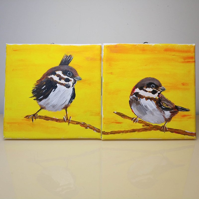 Two little sparrows, a set of two original oil paintings, unique - ตกแต่งผนัง - ผ้าฝ้าย/ผ้าลินิน 