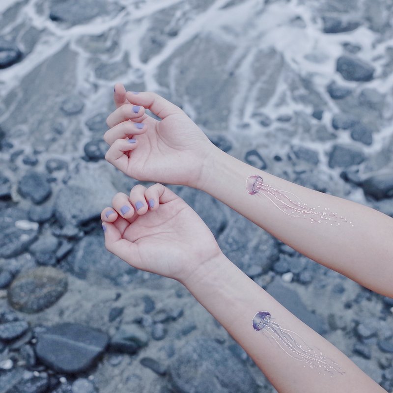 晶透水母-2入紋身貼紙 原創手繪設計 - 紋身貼紙 - 紙 藍色