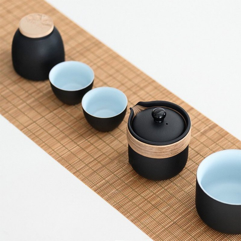 Hearing | Yourong portable travel tea set black sand glaze ceramic quick guest cups, one pot and three cups - Teapots & Teacups - Pottery Black