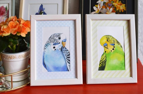 世界的に有名な オリジナル水彩画 2 個セット 現代絵画 セキセイインコ 鳥アート 絵画