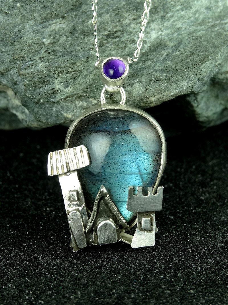 項鍊 墜子 天然 拉長石 紫水晶 925銀飾 城堡 - 項鍊 - 寶石 