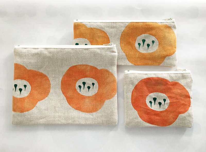 Moshimoshi | linen zipper bag three into the group - pumpkin flower - กระเป๋าเครื่องสำอาง - ผ้าฝ้าย/ผ้าลินิน 