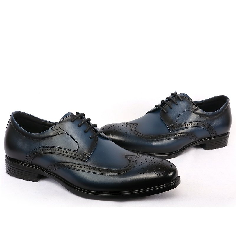 Terataka Liangpin British Genuine Leather Lightweight Fully Carved Derby Shoes Blue - รองเท้าหนังผู้ชาย - หนังแท้ สีน้ำเงิน