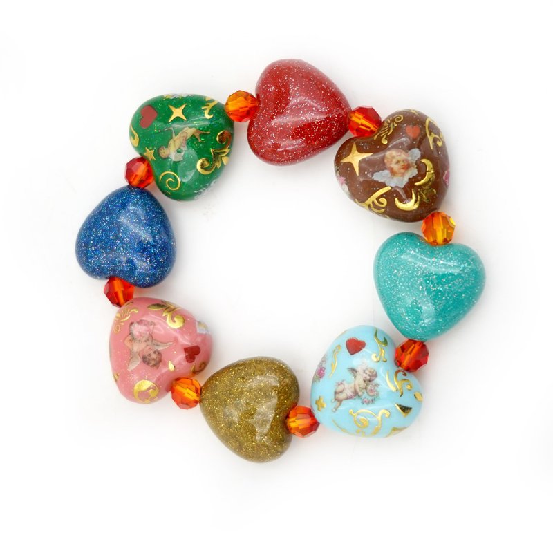 [Cubit Series] Purely handmade shiny colorful printed heart-shaped beads beaded bracelet with ultra-light resin - สร้อยข้อมือ - พลาสติก หลากหลายสี