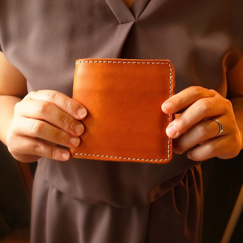 オーソドックス二つ折り財布 / シンプルで低価格 / ネーム可能 / 日本製 / g-53【カスタム可能なギフト】 - 長短皮夾/錢包 - 真皮 橘色
