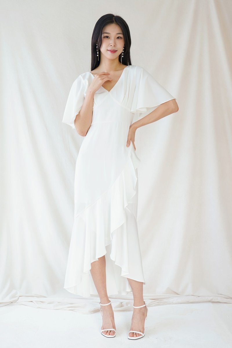 Ruffle bride midi dress - ชุดเดรส - เส้นใยสังเคราะห์ ขาว