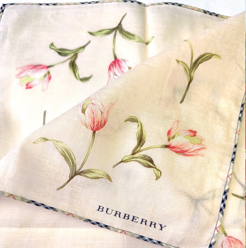 Burberry Vintage Handkerchief Tulip Check Edge 23 x 22.5 inches - 手帕 - 棉．麻 粉紅色