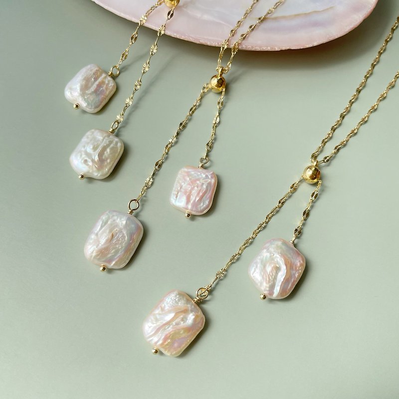 2 rectangle pearl necklace - สร้อยคอ - สแตนเลส สีทอง