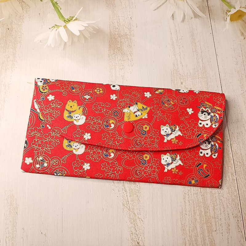 Wang Wang Lucky Dog Hot Stamping Handmade Long Cloth Red Packet Passbook Bag - Chinese New Year - Cotton & Hemp Red