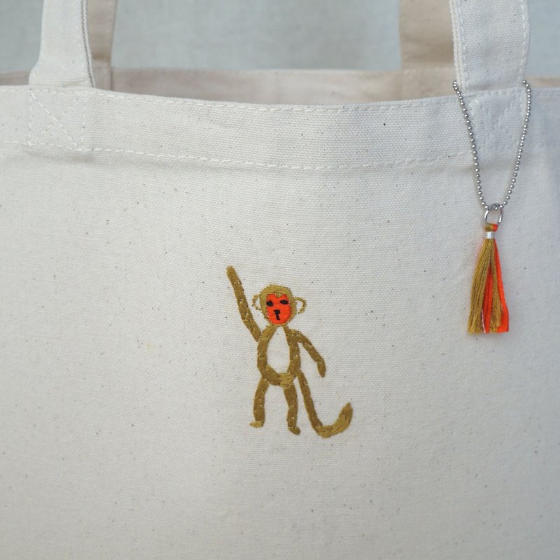 the oriental zodiac Tote bag with hand embroidery "monkey" [order-receiving production] - Handbags & Totes - Thread White
