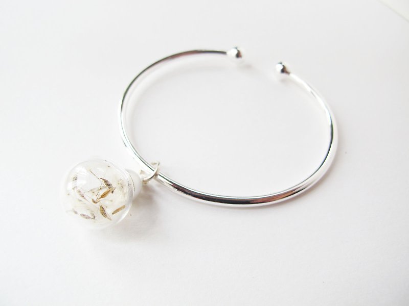 Rosy Garden Dandelion inisde glass ball silver plated bangle - Bracelets - Glass White