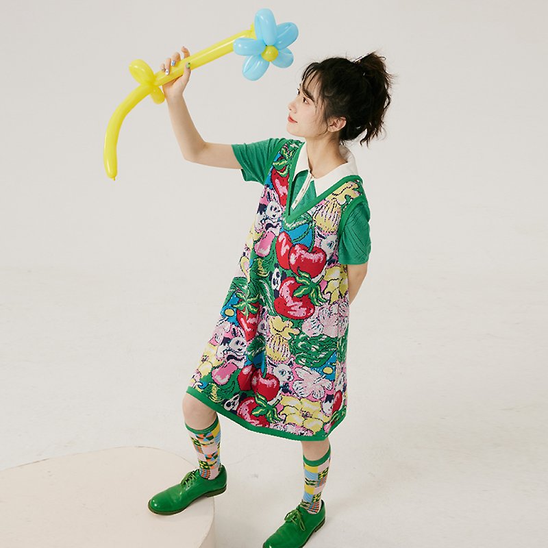 Small animal fruit knitted floral vest dress - One Piece Dresses - Other Materials Multicolor