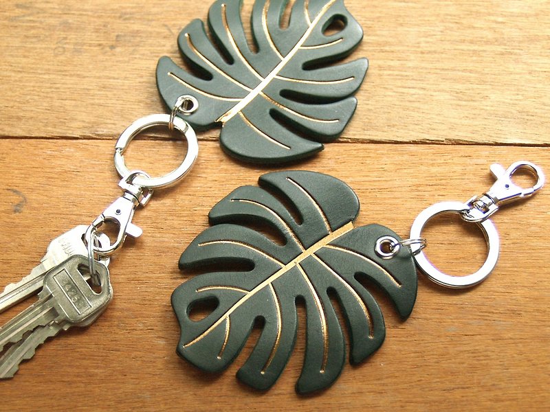 真皮 鑰匙圈/鑰匙包 綠色 - 燙金版-龜背芋手工真皮鑰匙圈(英文刻字/禮盒包裝) 包包吊飾 禮物