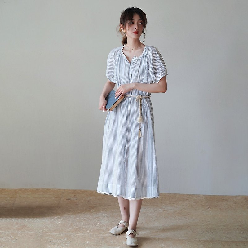 細條紋麻繩系帶連衣裙|洋裝|夏款|Sora-1224 - 連身裙 - 棉．麻 藍色