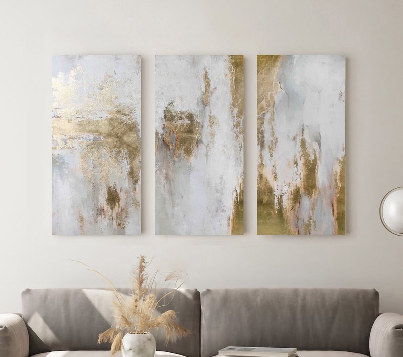 Gold White Painting | Triptych Gold Abstract | Gold Painting |Cascade 8 Triptych - 壁貼/牆壁裝飾 - 棉．麻 金色
