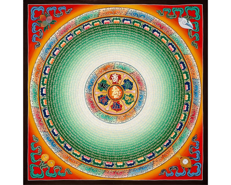 精工製作的咒語曼陀羅唐卡 - 神聖振動的神聖象徵 - 壁貼/牆壁裝飾 - 其他材質 多色