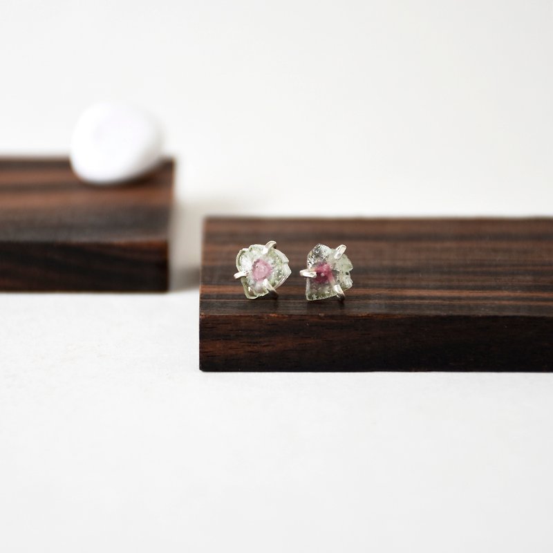 Handmade Raw Watermelon Tourmaline with sterling silver Stud Earring - Earrings & Clip-ons - Gemstone Multicolor