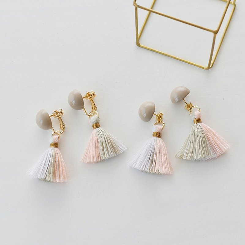 Dome tassel earrings / pink grege - Earrings & Clip-ons - Polyester Pink