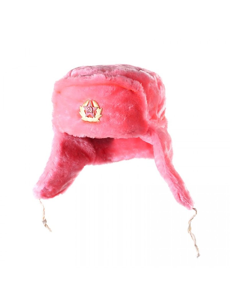 Ushanka Russan Winter Hat Pink Fur Made in Russia USSR Soviet Army Soldier Pin - Hats & Caps - Other Materials Pink