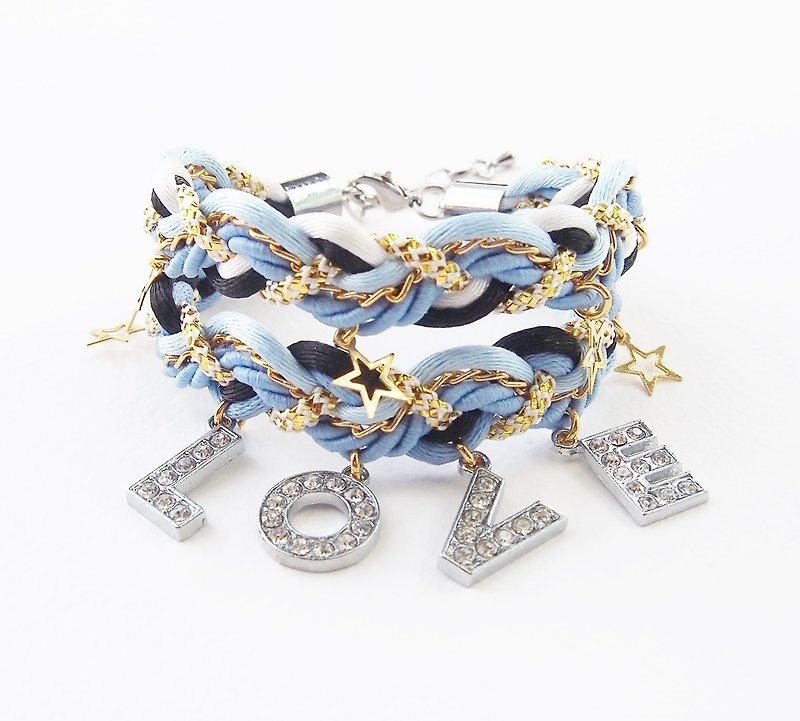 LOVE Blue braided bracelet - valentine gift. - 手鍊/手鐲 - 其他材質 藍色