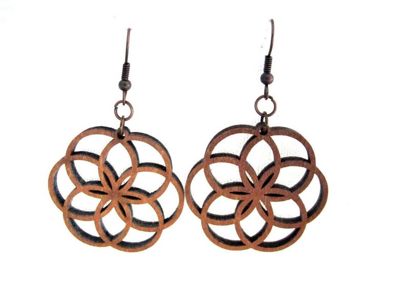 Wooden Lotus Earrings - Seed of Life - Sacred Geometry Earrings - Earrings & Clip-ons - Wood Brown