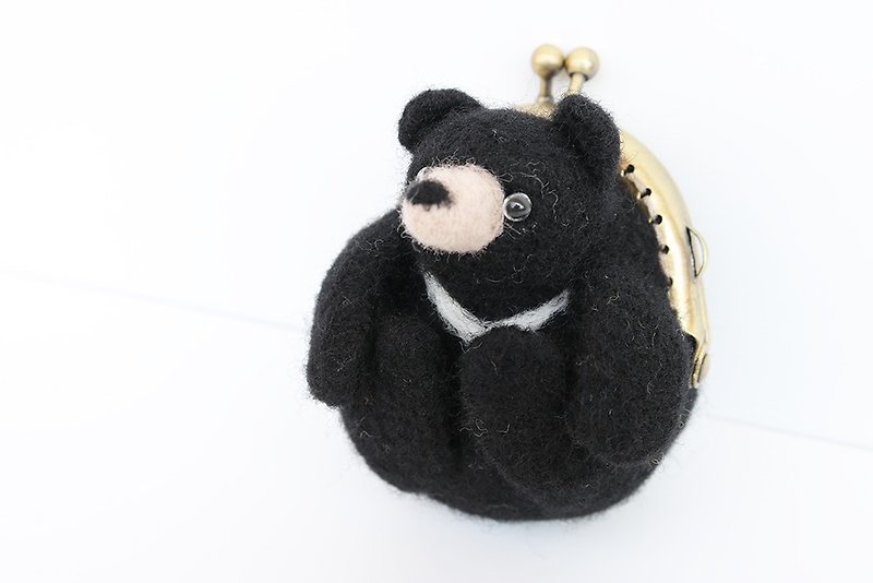 Wool felt animal mouth gold purse forest series - Taiwan black bear Taiwan manufacturing limited manual - Coin Purses - Wool Black