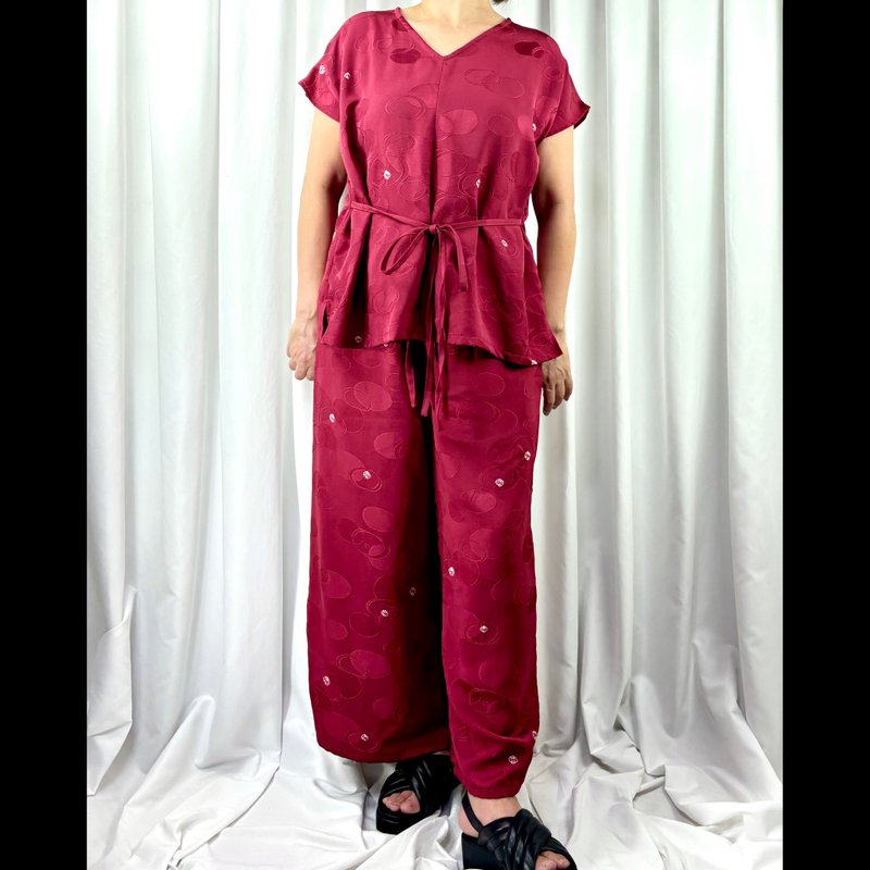 silk || Kimono || blouse & wide pants || red - Women's Pants - Silk Red