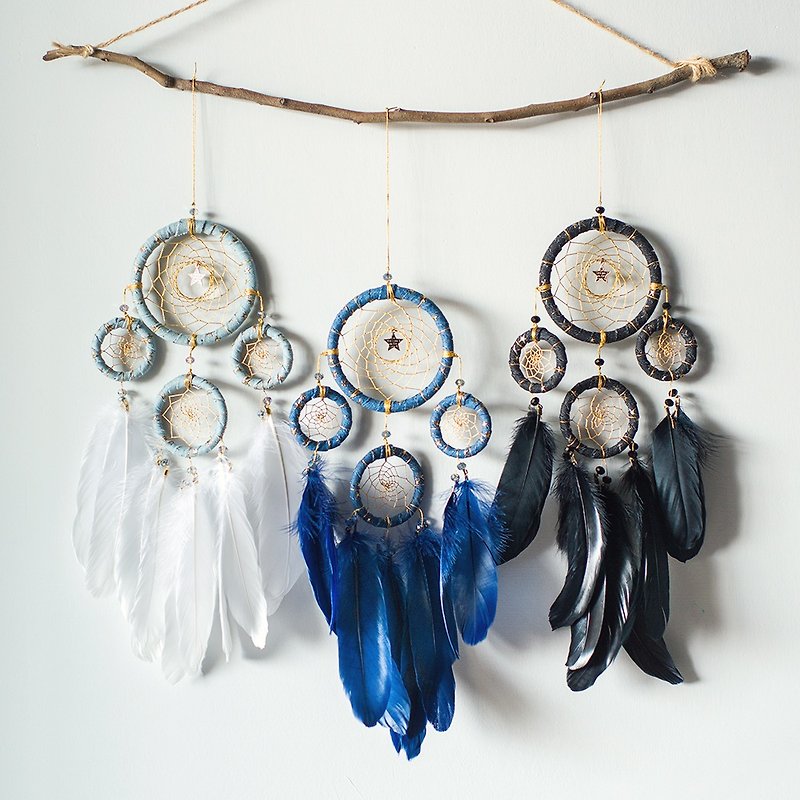 Denim style - finished product of four-ring dream catcher - home decoration, gift exchange - ของวางตกแต่ง - วัสดุอื่นๆ สีกากี