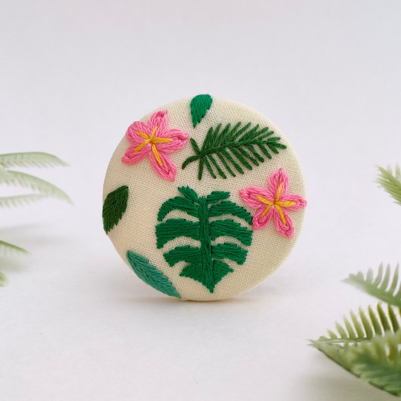 ハワイアンボタニカル刺繍ブローチ - 胸針 - 棉．麻 綠色