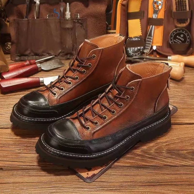 Winter Men Martin Boots Genuine Leather Workwear Boots Zipper Motorcycle Shoes - Men's Boots - Genuine Leather Black