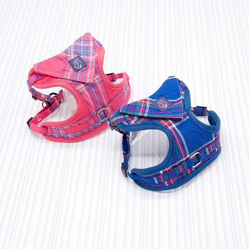 【Momoji】 寵物胸背帶 - Tartan - 貓狗頸圈/牽繩 - 棉．麻 藍色