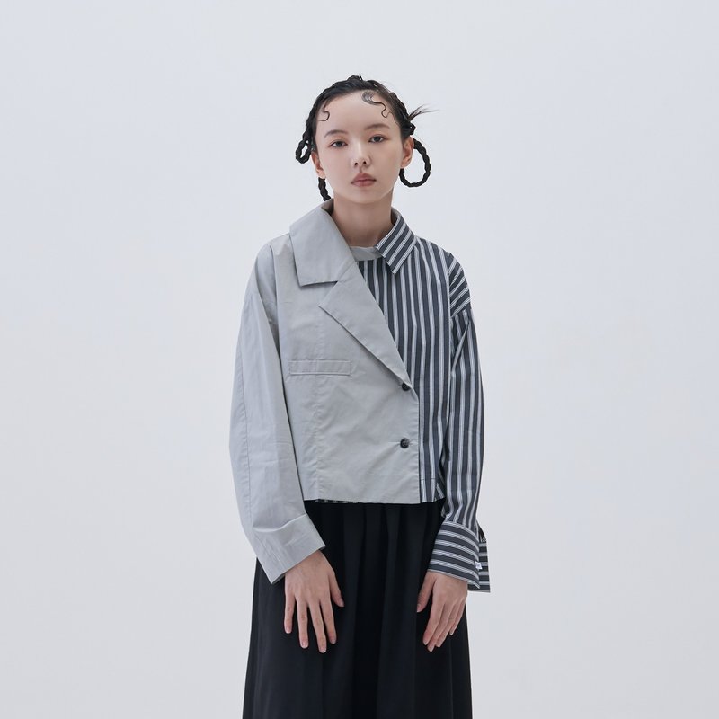 西裝解構不對稱襯衫 - 女襯衫 - 棉．麻 灰色